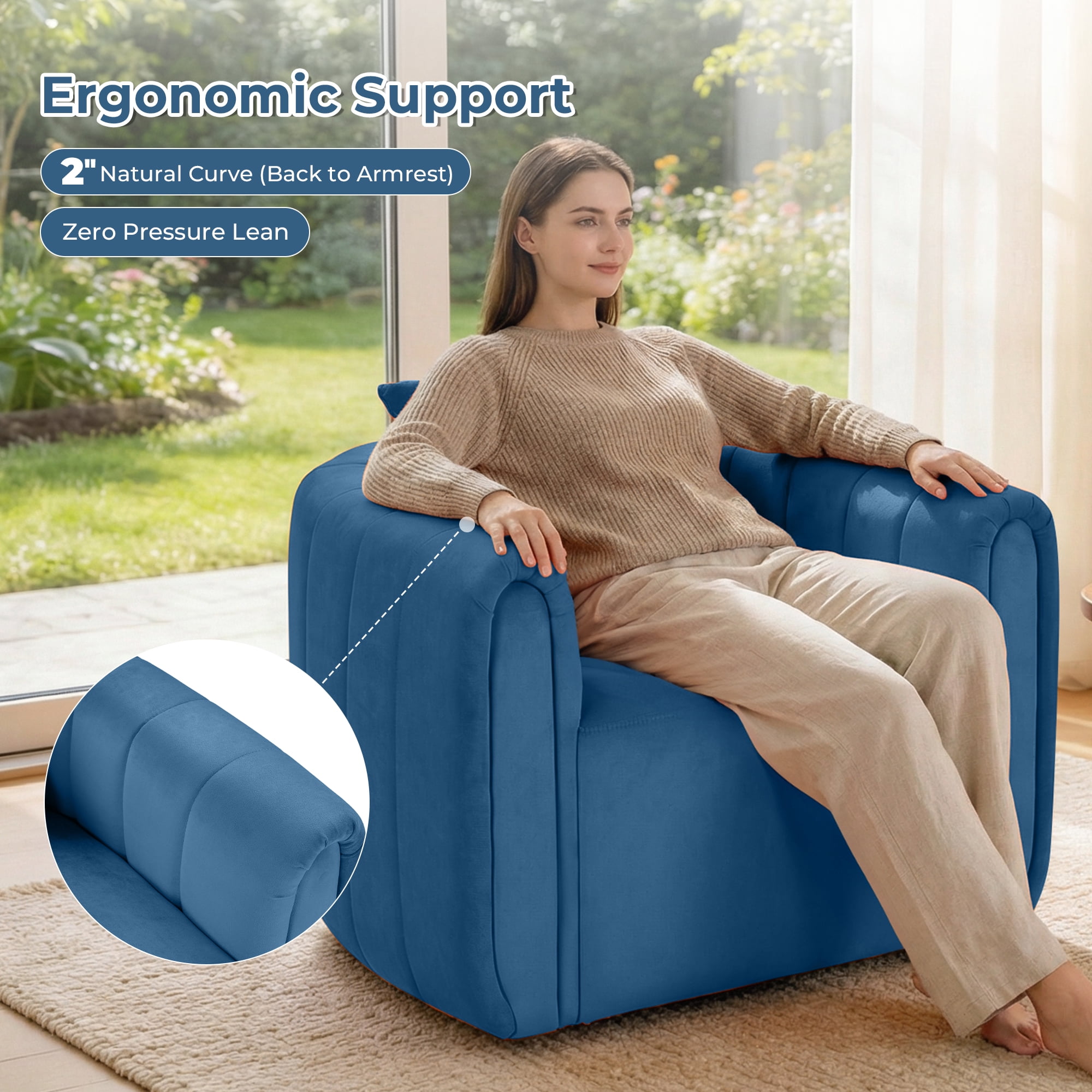 Ebello  Swivel Accent Chair, Modern Velvet Living Room Chair with Pillow, Barrel Chair for Bedroom & Reading Corner (Blue，1 Pack，Fully Assembled )