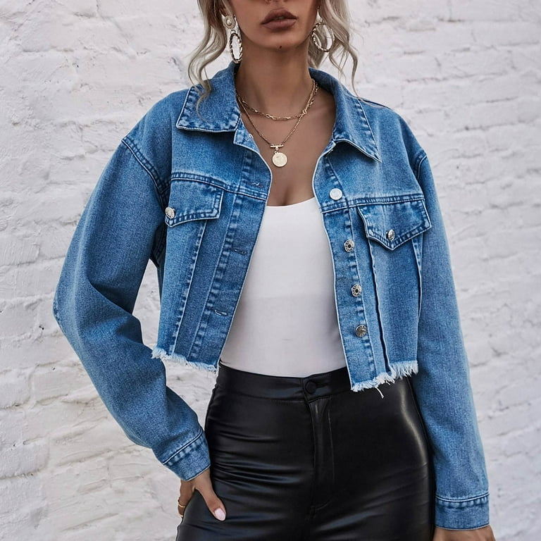 【HI FI FNK】Hei Cropped Denim Jacket Mnjin Single Cropped Denim Jacket For Women Frayed Hem Long