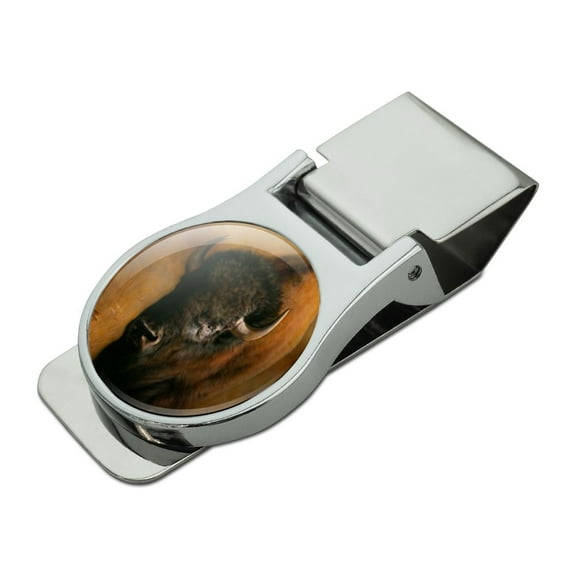 Bison Buffalo on the Praire Field Satin Chrome Plated Metal Money Clip