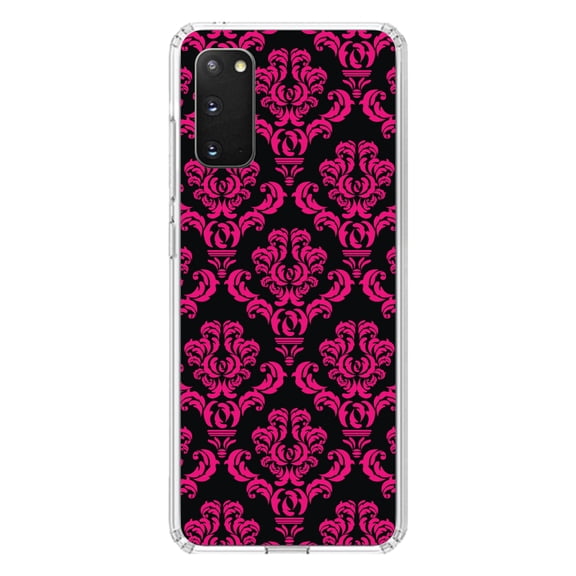 DistinctInk Clear Shockproof Hybrid Case for Galaxy S20 / S20 5G (6.2" Screen) - TPU Bumper, Acrylic Back, Tempered Glass Screen Protector - Black Hot Pink Damask Pattern - Floral Damask Pattern