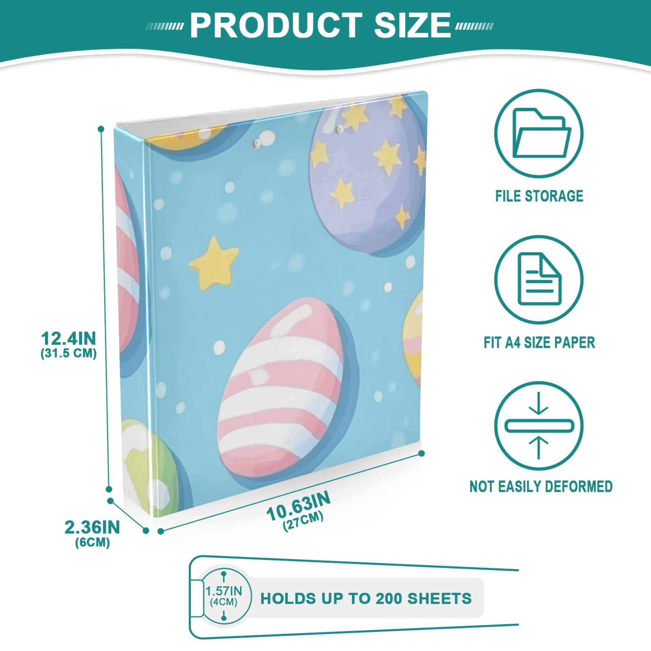 Easter Eggs Stars 3 Ring Binders 1.5 inch Hardcover File Folders with Interior Pockets A4 Size Organizer for School Office Hospital