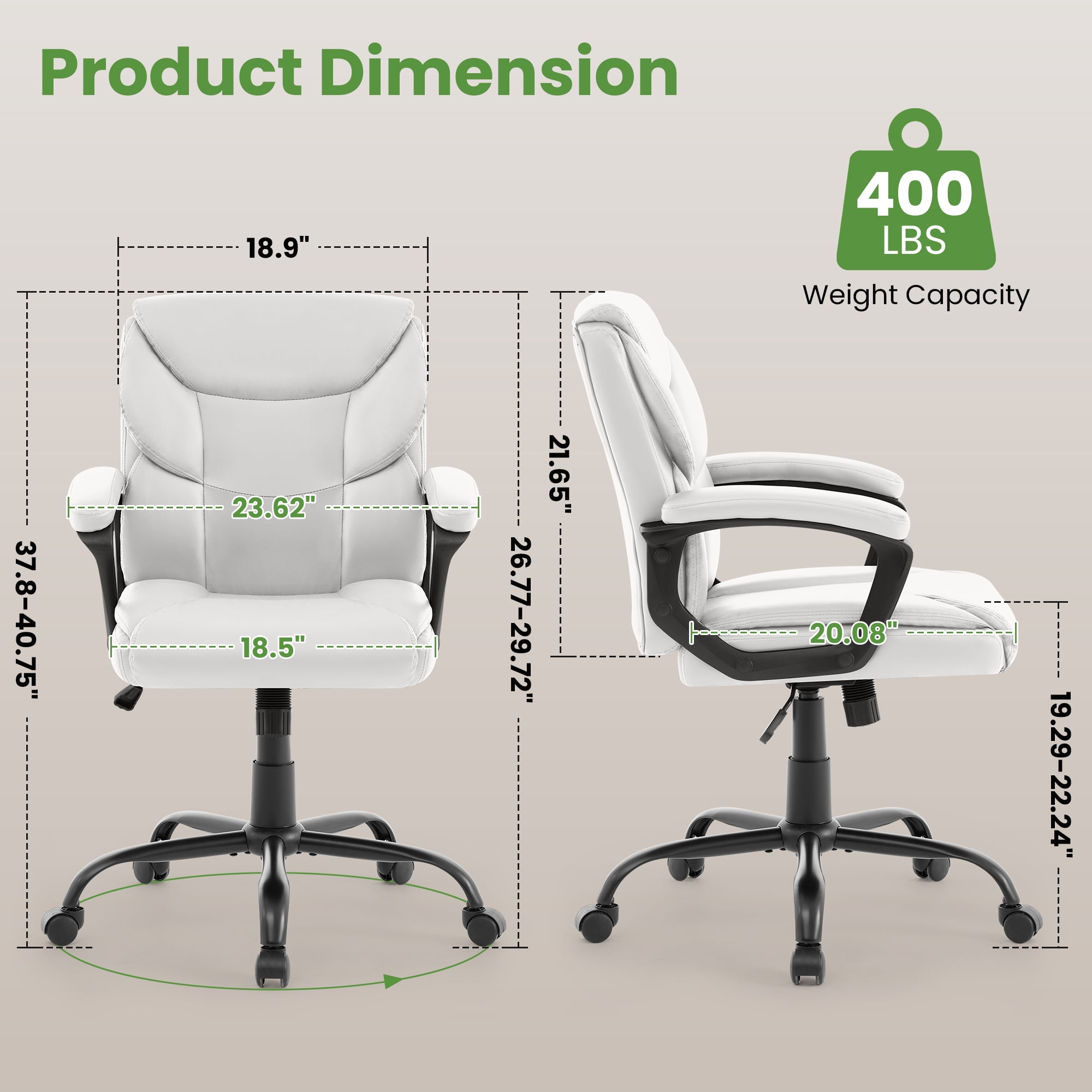 JONPONY Leather Office Chair, Big and Tall 400lbs Ergonomic Desk Chairs with Back Support, Executive Leather Chair with Wheels for Home Office, 360°Swivel Free, White