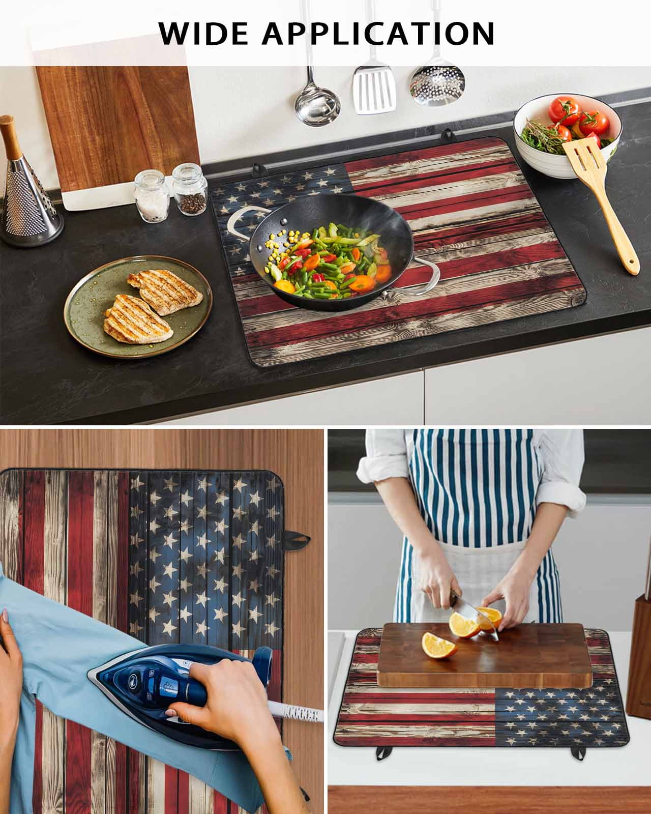 nqOlkjepod Large Induction Cooktop Protector Mat 24"x21", American Flag Stove Top Covers for Electric Stove, Stars And Stripes Vintage Wooden US Flag Stove Burner Cover Mats, Glass Top Stove Cover