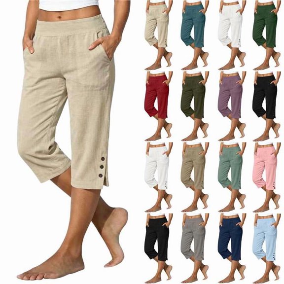 Horkkom Capri Pants for Women High Waisted Cotton Linen Pants Summer Lightweight Casual Pants with Pockets L