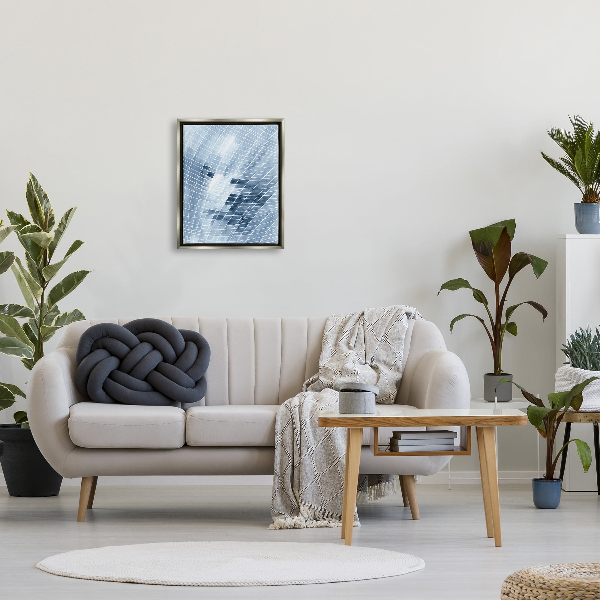 Stupell Industries Modern Warped Blue Square Shapes White Lines Painting Luster Gray Floating Framed Canvas Print Wall Art, Design by Regina Moore
