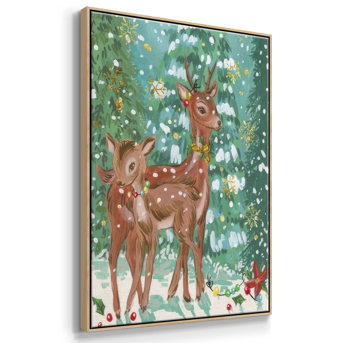 Doe and Fawn II - Framed Gallery Wrapped Holiday Canvas - 17 x 25 - Natural Wood Frame