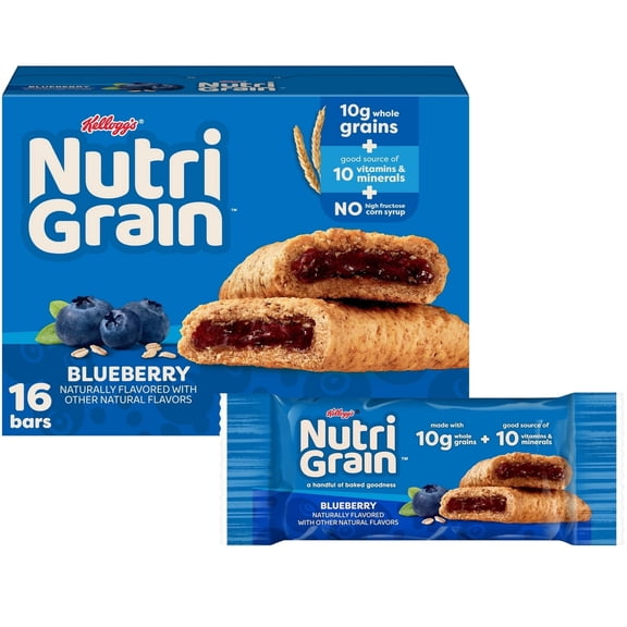 Kellogg’s Nutri-Grain Blueberry Soft Baked Breakfast Bars, 16 Count, Individually Wrapped, Made with Whole Grains