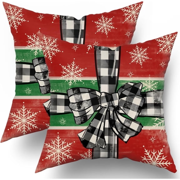 Red Green Christmas Pillow Covers 16x16 Set of 2 Rustic Xmas Snowflakes Holiday Decoration Plaid Print Decorative Outdoor Pillowcases Winter Gift Farmhouse Throw Cushion Case Decor for Couch Sofa Bed