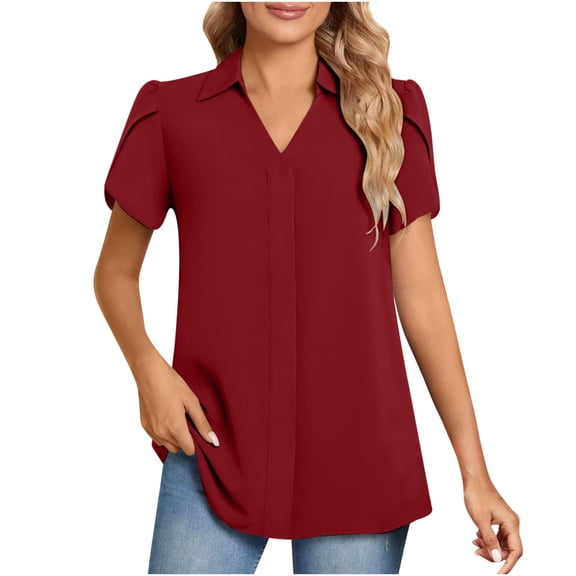 Lenpel Women's Tops Fashion Summer Puff Short Sleeve V Neck Dressy Casual Collared Shirts Loose Tunic Blouses