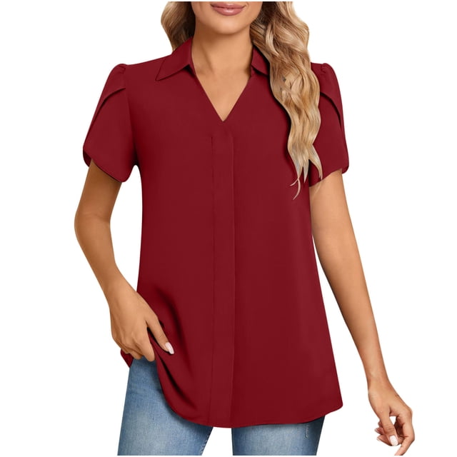 Lolmot Blouses pour Femmes, T-shirt à Col en V Uni pour Femmes