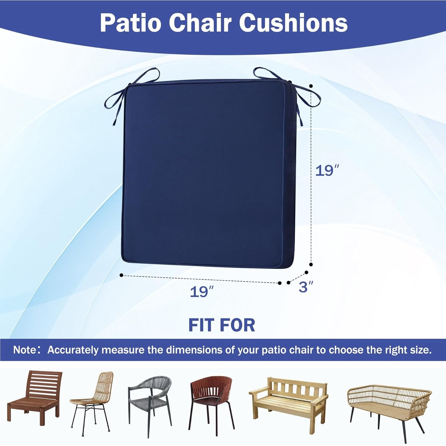 Outdoor Chair Cushions Set of 4, Waterproof Patio Chair Cushions, 19" x 19"x 3" Patio Cushion for Outdoor Furniture, Outdoors Seat Cushion for Patios Furniture with Handle and Ties, Navy Blue