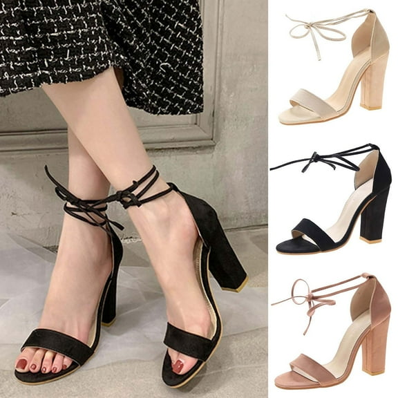 Fesfesfes Black Sandals Strappy Sandals Women's Summer Casual Peep Toe Sandals Lace-Up Solid Color High Heel Chunky Heel Shoes 8.5(41)