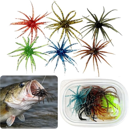 6Pcs Sea Urchin Bait Realistic Fuzzy Dice Fishing Lure for Bass & Perch Floating TPR Swimbait with Reflective Stars Sea Urchin Style Finesse Bait for Freshwater Trout & Crappie with Tackle Box
