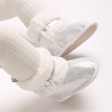 Baby Sweetie Newborn Girl Winter Snow Boots Warm Shiny Flats with Cute Bows Cold Weather Baby Walking Shoes
