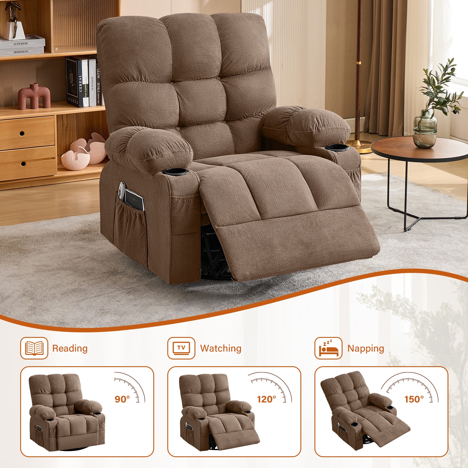 Alvantor Swivel Rocker Recliner Chair with Massage & Heat Single Rocker Sofa with Cup Holders for Bedroom Home Theater Brown
