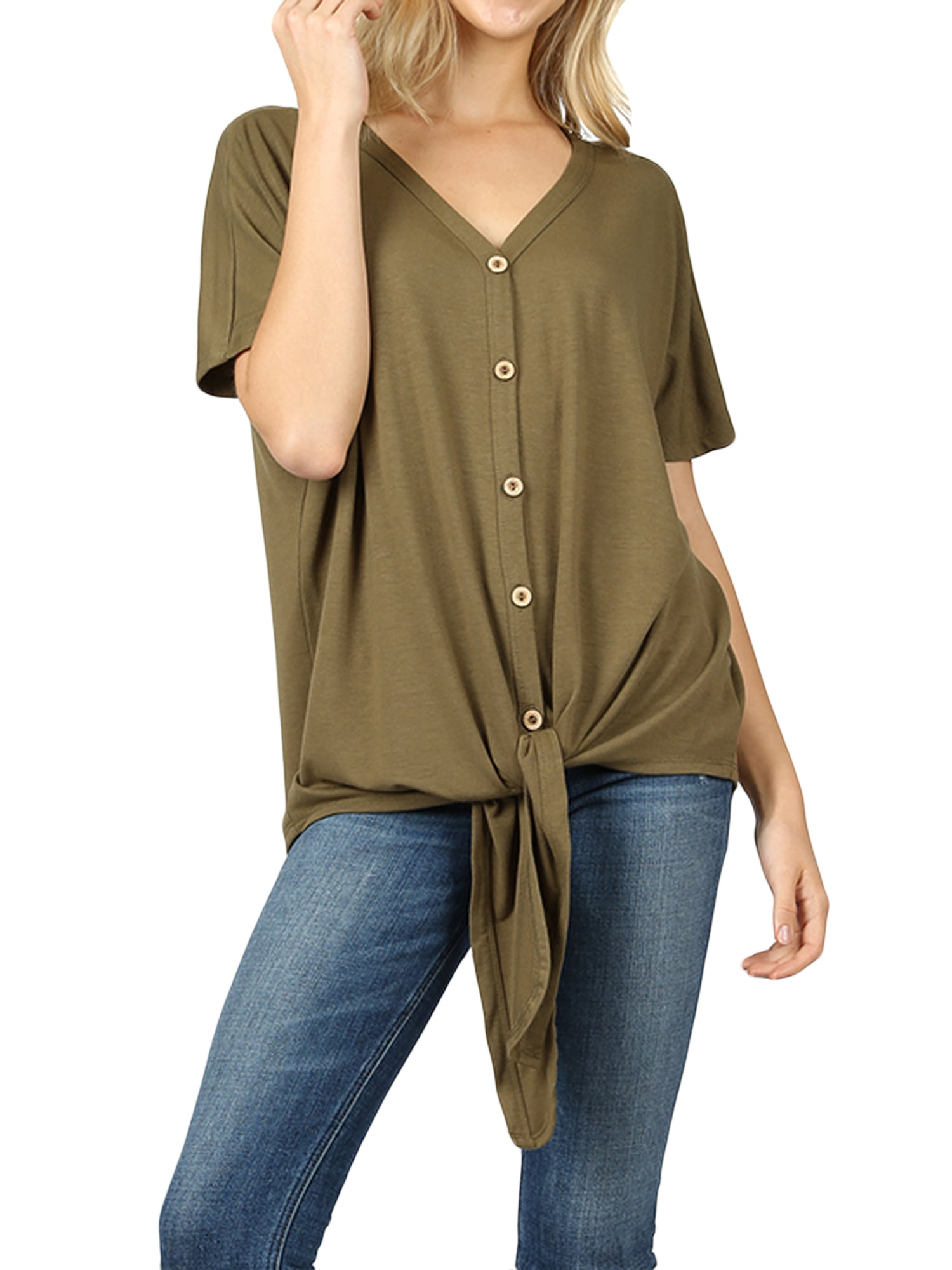 Casual O Neck Tops Short Sleeve Blouses Knot Tie Front Loose Tee T-Shirt for Women 