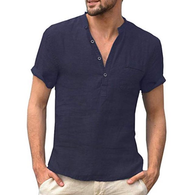 Verano De Los Hombres Camisetas Casual Algodón Lino Cuello En V Manga Corta Tops S-5XLpangjing