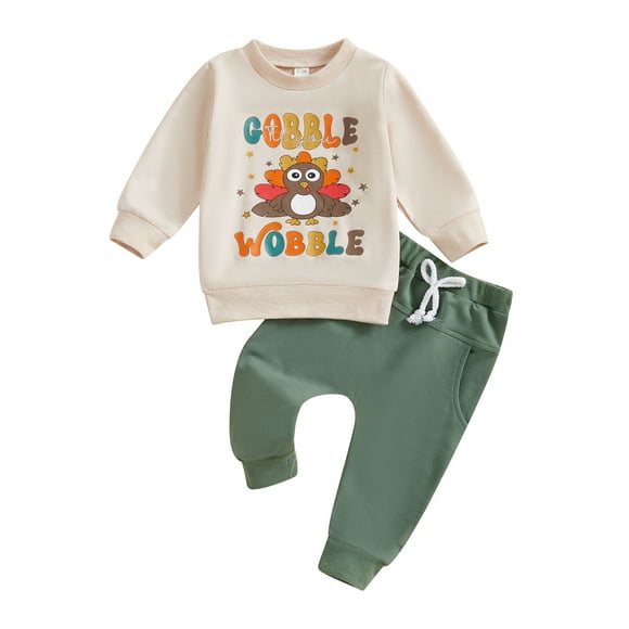 FOCUSNORM Baby Boy Thanksgiving Outfit Cotton Turkey Letter Print Long Sleeve Sweatshirt Tops + Elastic Pants Toddler Infant 2Pcs Clothes Set