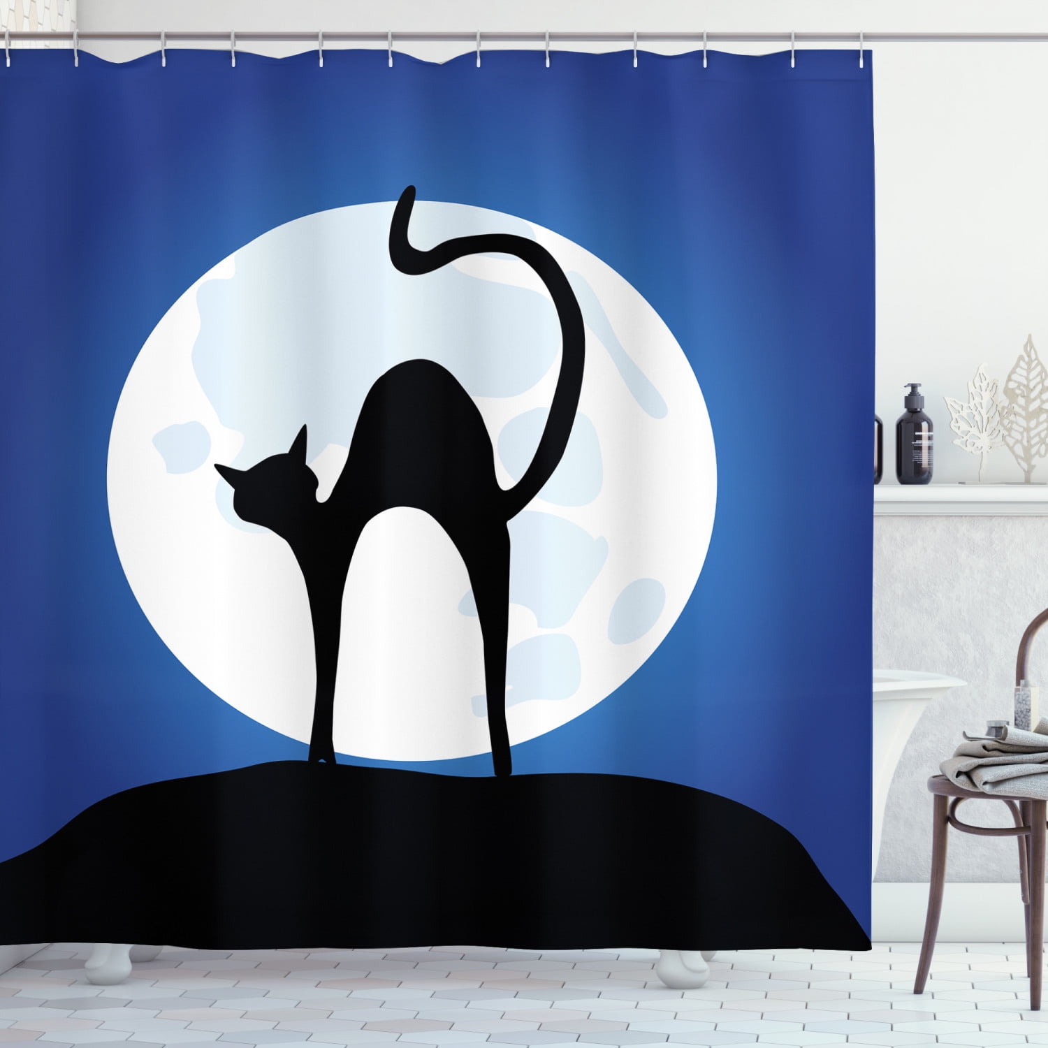 Halloween Black Cat With Star Moon Waterproof Fabric Shower Curtain Set 71 Inch 