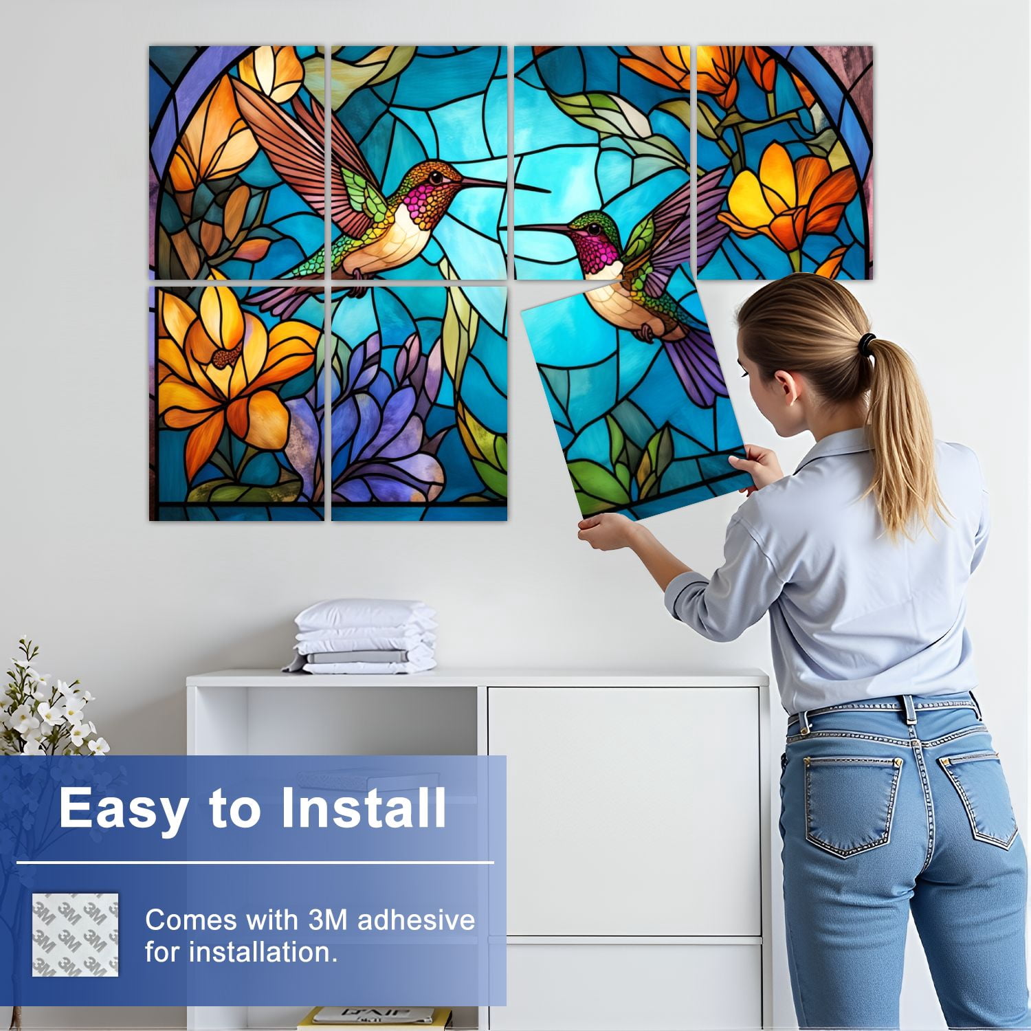 Stained Glass Style 8 Pack Art Acoustic Panels Sound Absorbing Colorful Hummingbirds Flowers Decorative Soundproof Wall Panels Self Adhesive for Nursery Game Room Bedroom 48"x32"