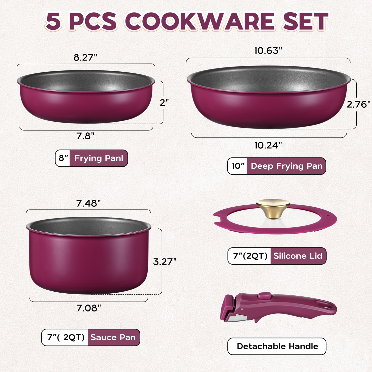 Walchoice 5Pcs Pots and Pans Set, Granite Nonstick Cookware Set with Detachable Handle, Stackable Kitchen Cooking Set with Saucepan Frying Pans, Induction Compatible & Oven Safe - Purple