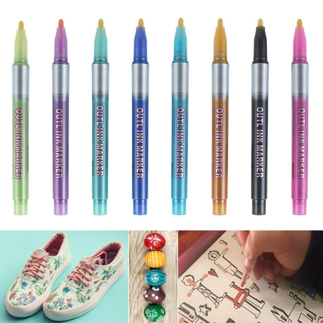 8 Colors Metallic Marker with 2-color Effect Outline Marker DIY Photo Album Paint Marker Pen with Color Outline Shimmer Marker Set for Metal Ceramic Glass Greeting Cards