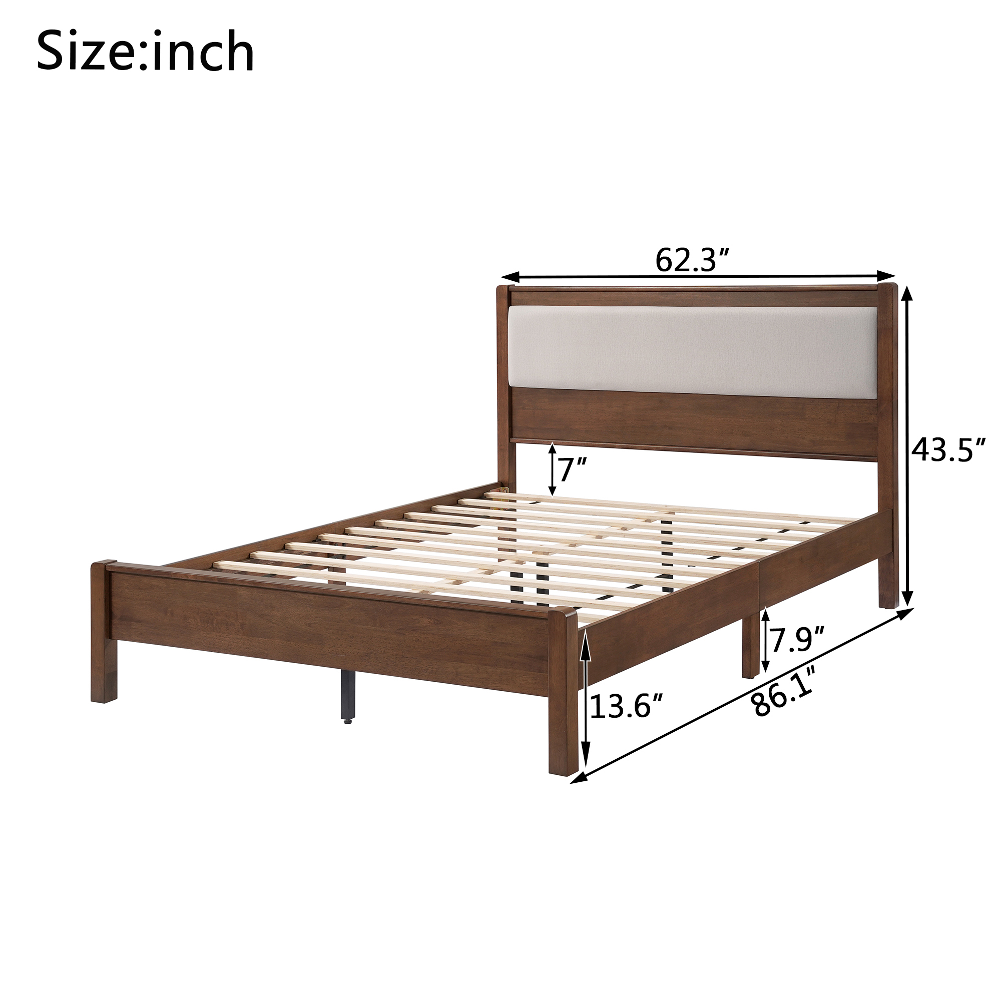 HOQBN Queen Solid Rubberwood Bed Frame with Upholstered Headboard, Reinforced Central Support Legs for Bedroom Walnut