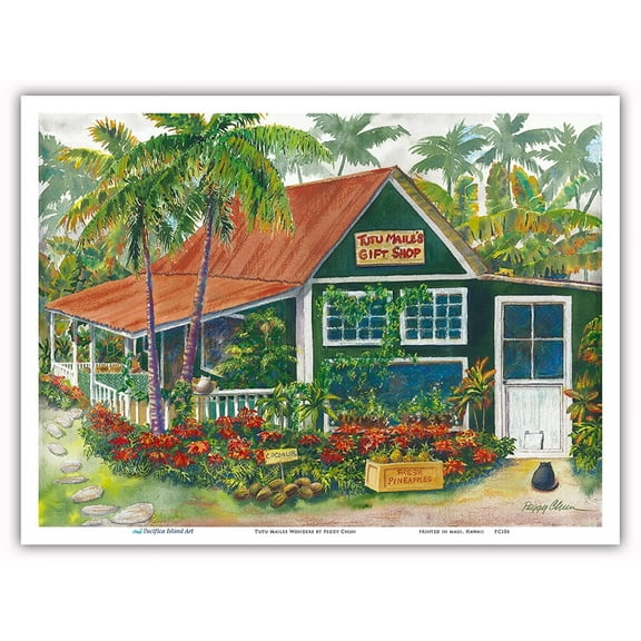 Tutu Maile’s Wonders - Hawaiian Gift Shop - From an Original Hawaii Watercolor Painting by Peggy Chun - Master Art Print (Unframed) 9in x 12in