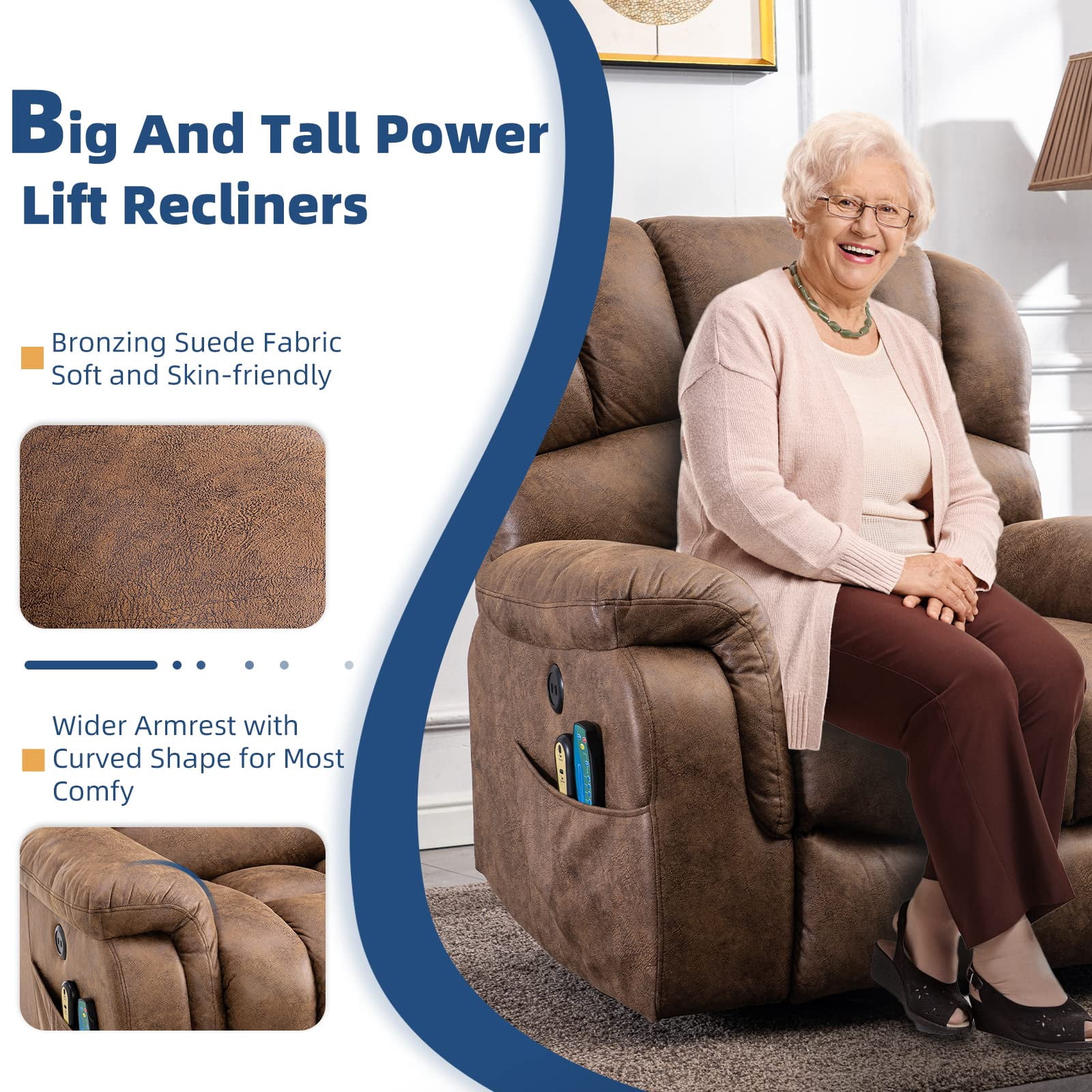 SOCIALCOMFY Large Power Electric Lift Recliner Chair for Elderly Big People, Heated Massage Motorized Reclining Sofa, Wide Recliners with 2 Remote Controls, Side Pockets & USB Ports, Brown
