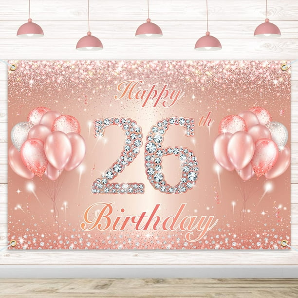 Fondo De Cartel De Feliz Cumpleaños Número 26 - 26 Suministros De Decoración Para Fiesta De Cumpleaños Para Mujeres O Hombres - Oro Rosa 4 X 6 Pies