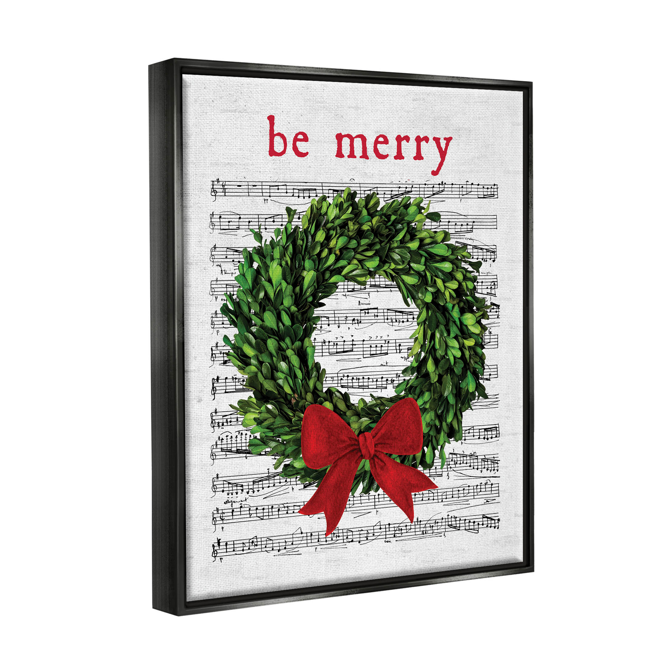 Stupell Industries Be Merry Holiday Music Wreath Graphic Art Jet Black Floating Framed Canvas Print Wall Art, Design by Lettered and Lined
