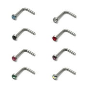 8PC Nose ring L shape steel with jewel 18G One Of Each Color