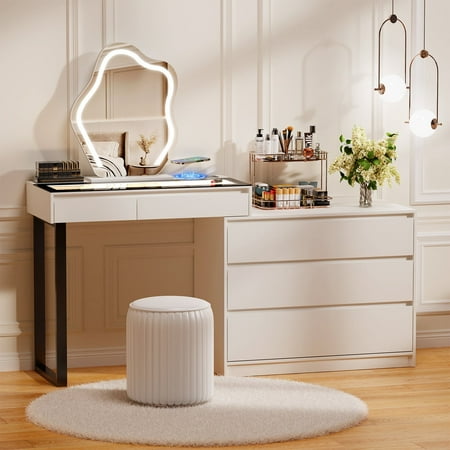 BROTTAR Vanity Desk with Mirror and Lights, Extendable Makeup Vanity Dresser with Charging Station, White
