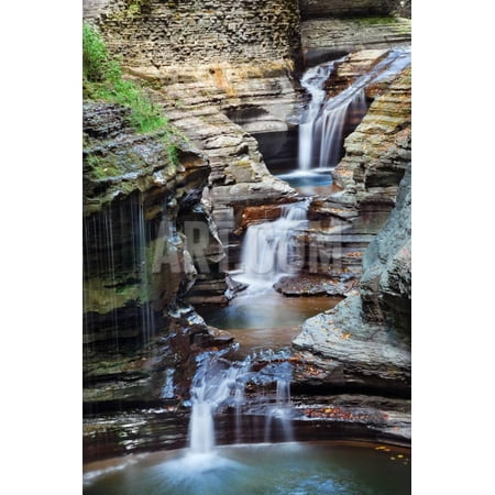 Waterfall Closeup in Woods with Rocks and Stream in Watkins Glen State Park in New York State Print Wall Art By Songquan