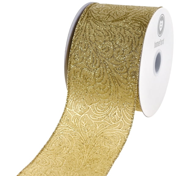 HOMEFORD Embossed Glittered Flowers Polypropylene Wired Ribbon, 2-1/2-inch, 10-yard, Gold