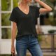thumbnail image 5 of Camiseta con cuello en V Blusa de verano Color sólido Manga corta Mujer suelta Top, S, Negro Vogacara AP001219-01, 5 of 7