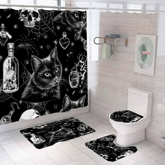 4PCS Gothic Skull Crow Shower Curtain Sets with Rugs, Halloween Shower Curtain, Waterproof Fabric Black and White Shower Curtain, Graveyard Tombstone Moon Raven Spooky Skeleton Bathroom Decor