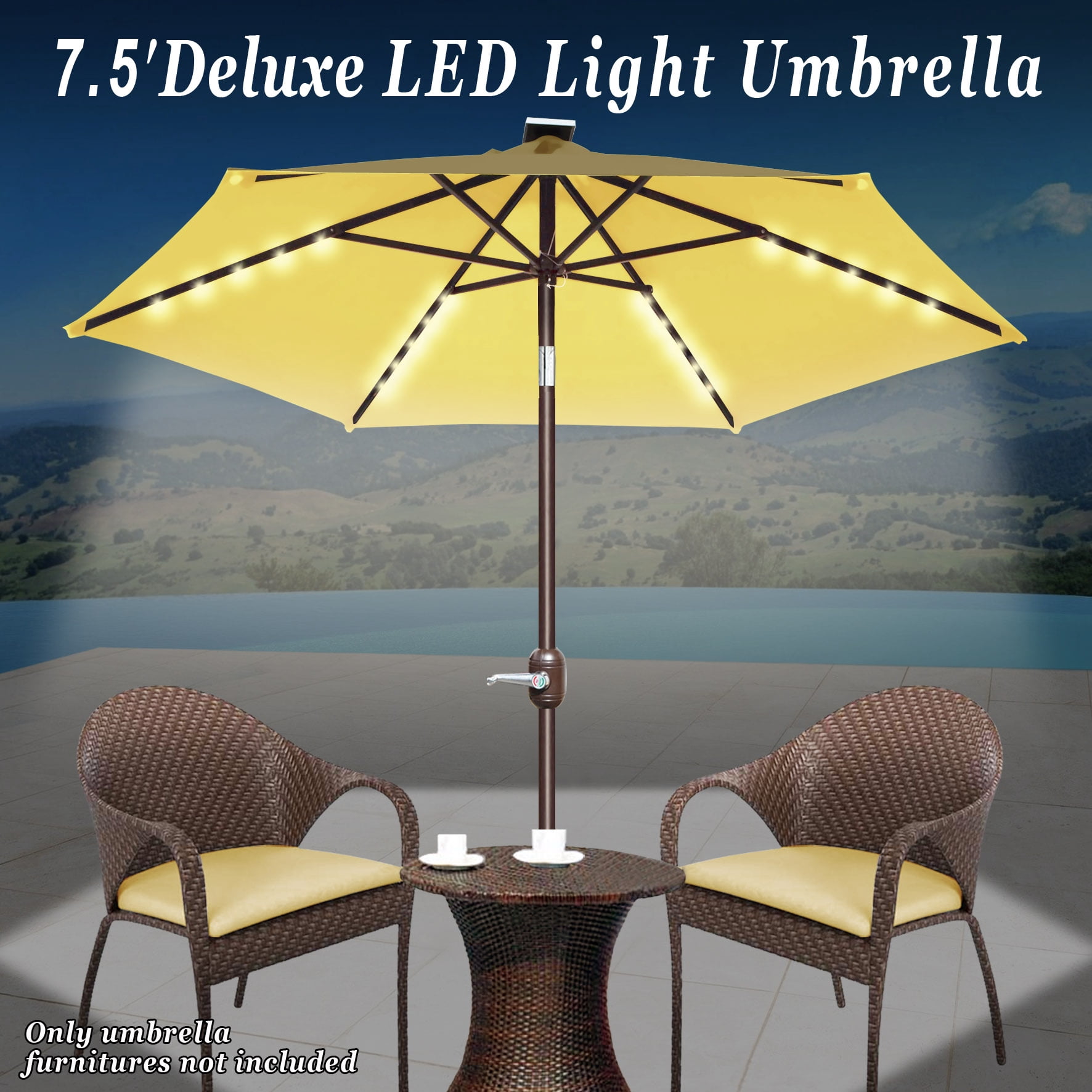 Strong Camel 7.5ft Patio Umbrella LED Lighted Tilt Aluminum Garden Market Balcony Outdoor Sunshade