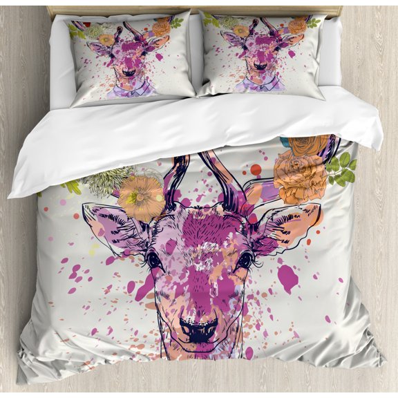 Indie Queen Size Duvet Cover Set, Artistic Colorful Deer Portrait with Color Splashes and Various Flowers on the Horns, Decorative 3 Piece Bedding Set with 2 Pillow Shams, Multicolor, by Ambesonne