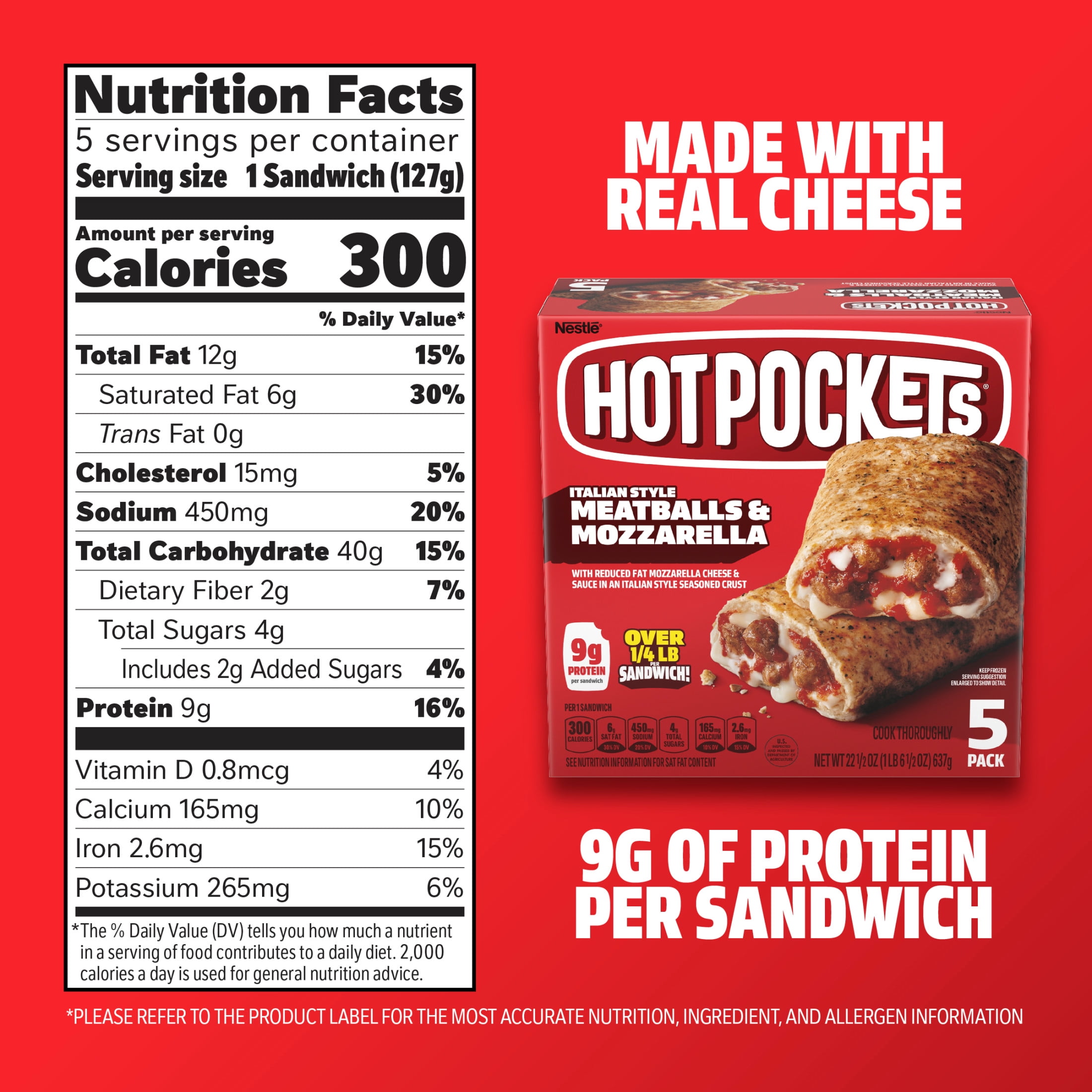 Hot Pockets Frozen Snacks Italian Style Meatballs and Mozzarella Garlic Buttery Crust Sandwiches, 22.5 oz, 5 Count Box (Frozen)