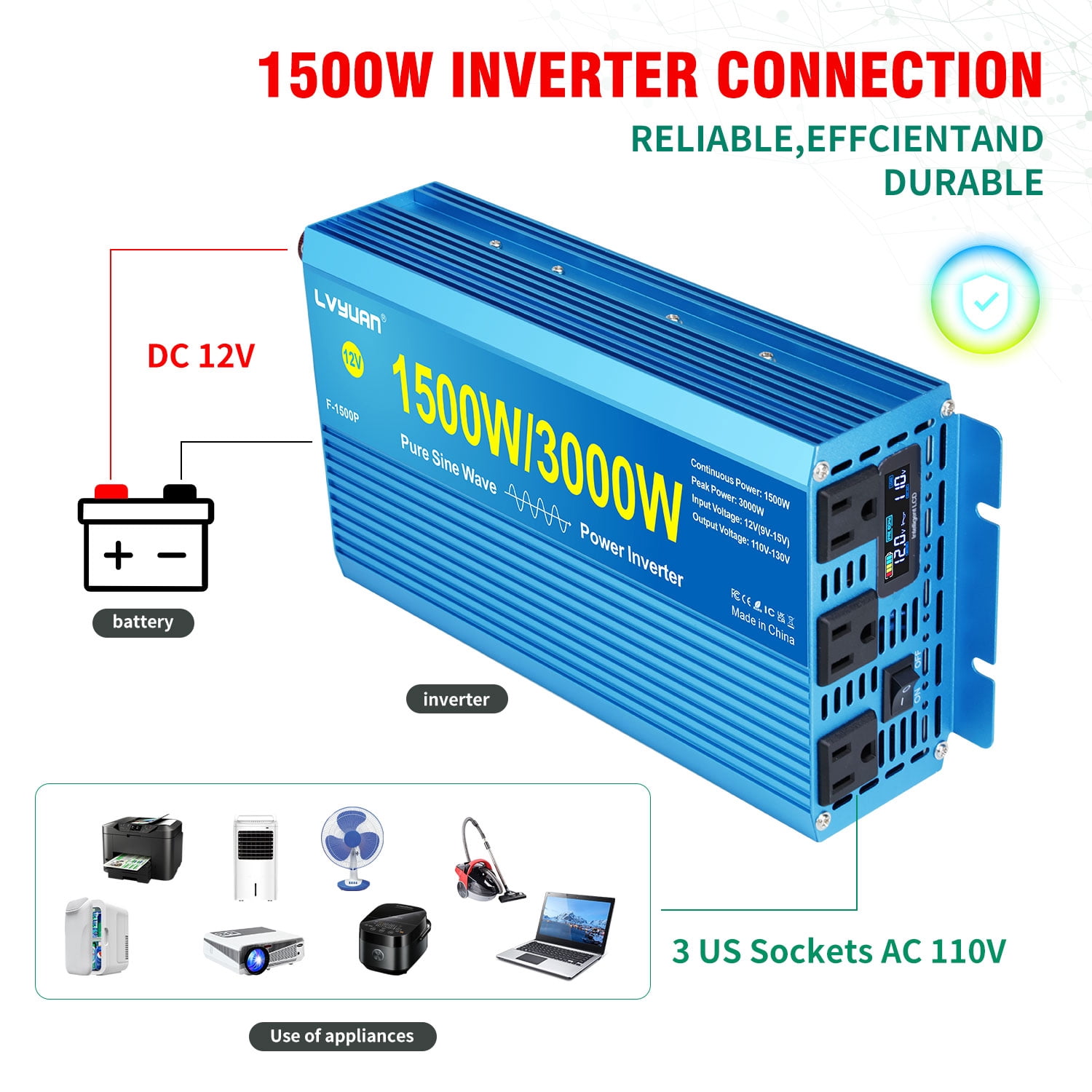 LVYUAN 1500W 3000W Surge Pure Sine Wave Power Inverter DC 12V to AC 110V Car Power Converter with 3 AC Outlets, LCD Display, Battery Converter Charger for RV, Camping, Off-Grid, Home Backup
