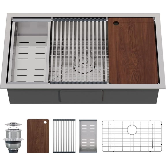 32x19 Inch Undermount Kitchen Sink Workstation, 16 Gauge 304 Stainless Steel Single Bowl Kitchen Sink with Cutting Board, Drying Rack, Roll-Up Rack and Drain Assembly
