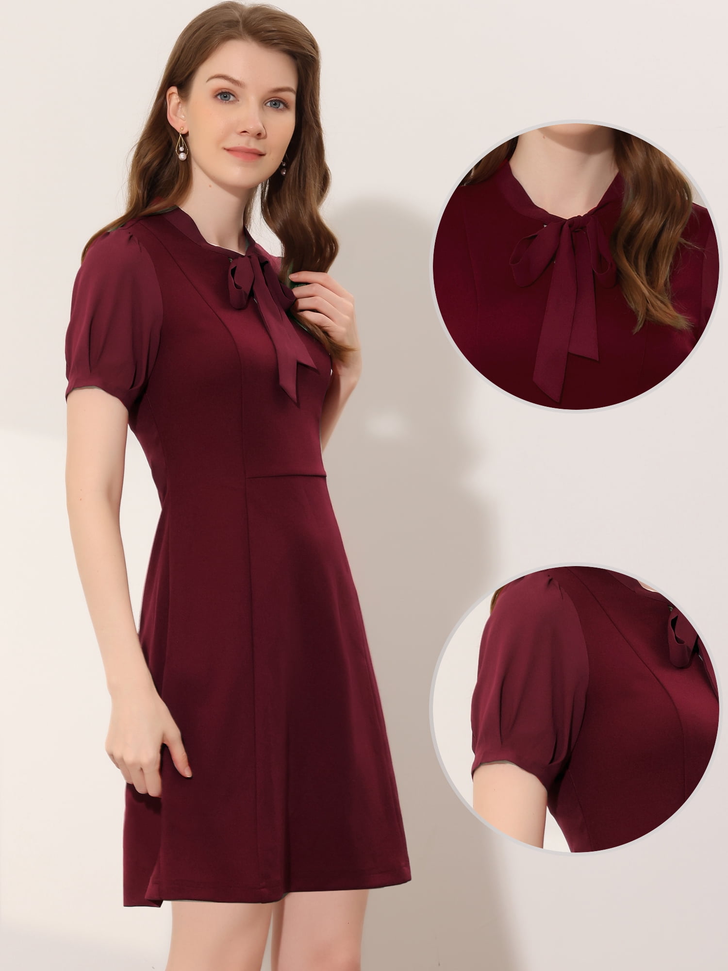 DARING DIVA Women's Tie Neck Puff Short Sleeve Office Work Dress L Burgundy