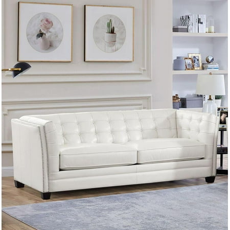 Top Grain Leather White Tufted Sofa Hydeline Cordova Contemporary Modern