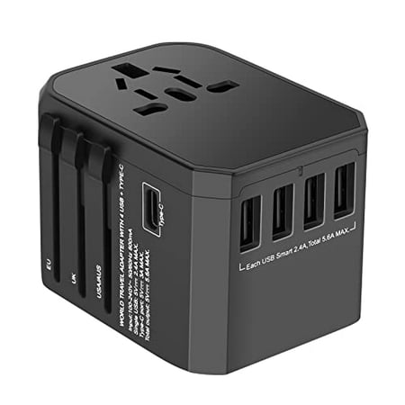 

International Travel Adapter Evershop 5.6A 4 USB and Type-C Port AC Plug Universal Power Adaptor Socket All in One Worldwide Charger Outlet for US AU UK Europe Over 224 Countries