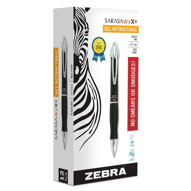 Bolígrafo de gel Zebra X10 retráctil de 0,7 mm, tinta negra mediana, paquete de 12