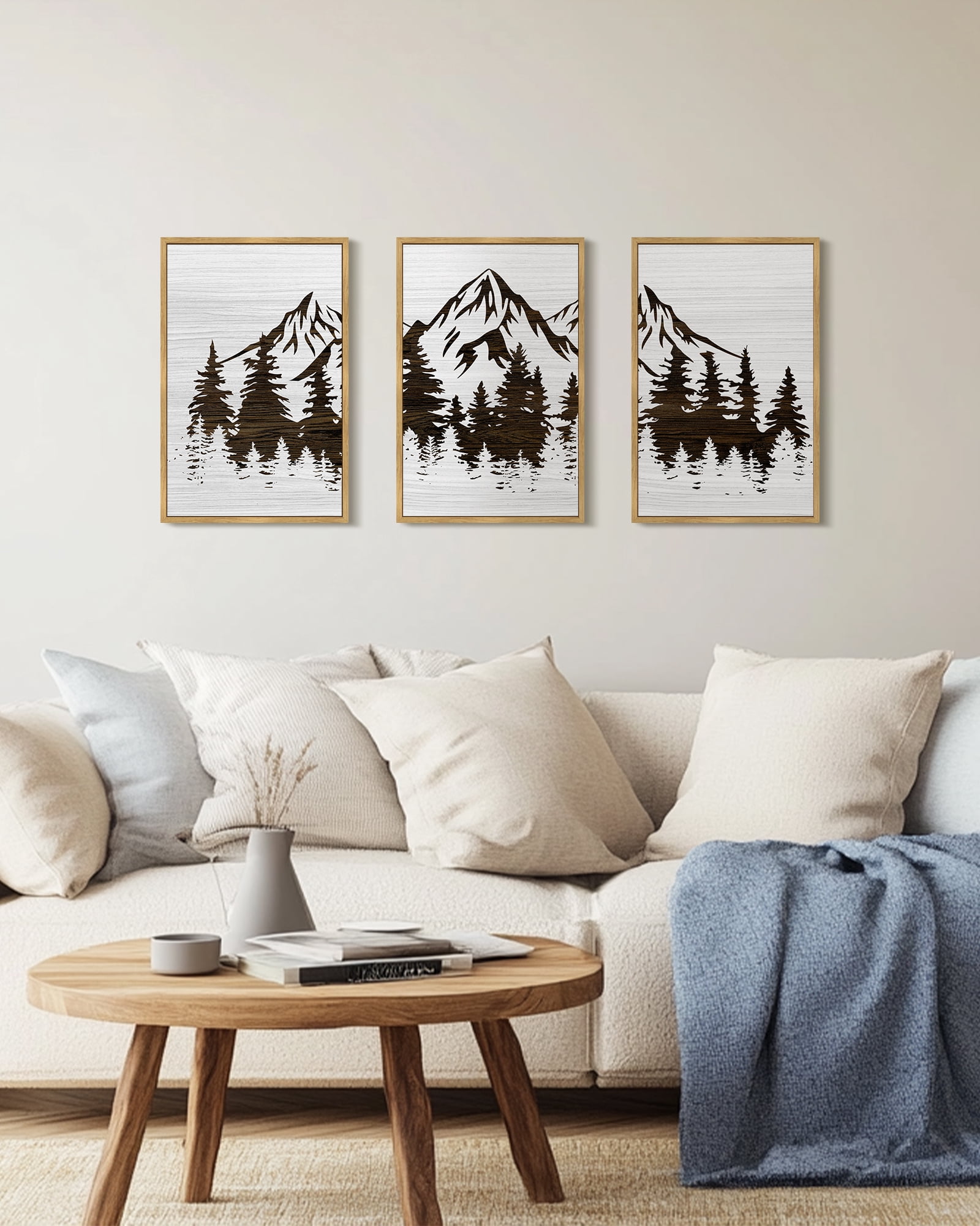 SHENIFY Mountains Tree Wall Art 16x24in3pcs Natural Framed Boho White Forest Nature Landscape Artwork Painting Morden Country Woodcut Wood Wall Decor Rustic Home Decor