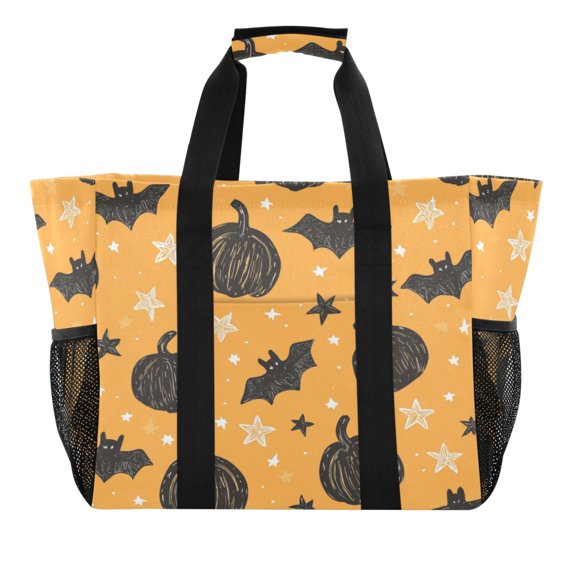 WOBOGO Black Pumpkins and Bats on An Orange Background Tote Shopping Bag Reusable Heavy Duty Durable Foldable Washable 15.4×12.8×9.8in