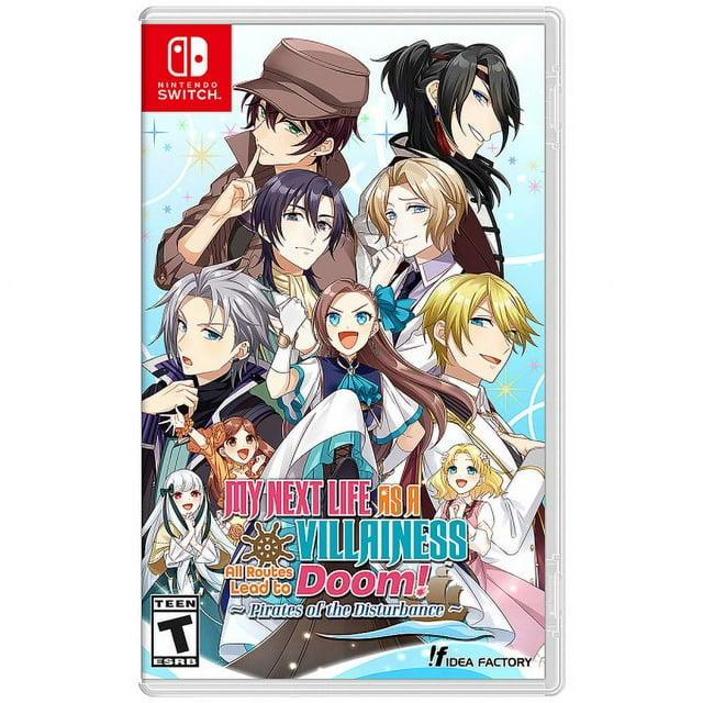 My Next Life As A Villainess All Routes Lead To Doom Nintendo Switch game case featuring vibrant anime-style artwork of multiple characters in dynamic poses. The title is prominently displayed in bold, colorful text, with the Idea Factory USA logo at the bottom. Suitable for fans of visual novels and adventure games.