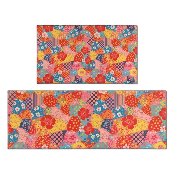 Pioneer Flower Floral Print Pattern Kitchen Rugs Sets Of 2, Anti Fatigue Non Slip Washable Floor Mats for Kitchen Sink Laundry, 17X30 Inch 17X47 Inch